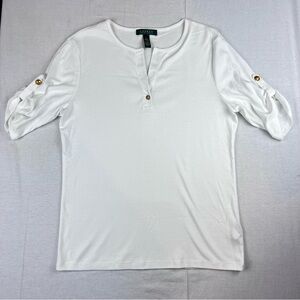 Lauren Ralph Lauren Womens Large Top Gold Buttons Roll Tab Sleeves White